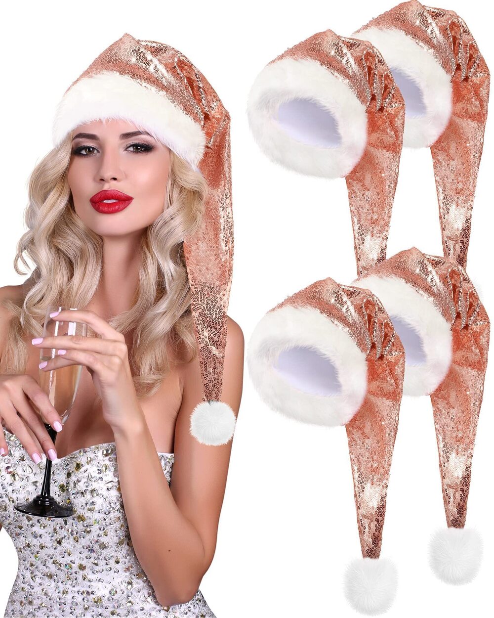 9702 4 Pieces Christmas Santa Hats Xmas Shiny Sequin Santa Hats for Adults